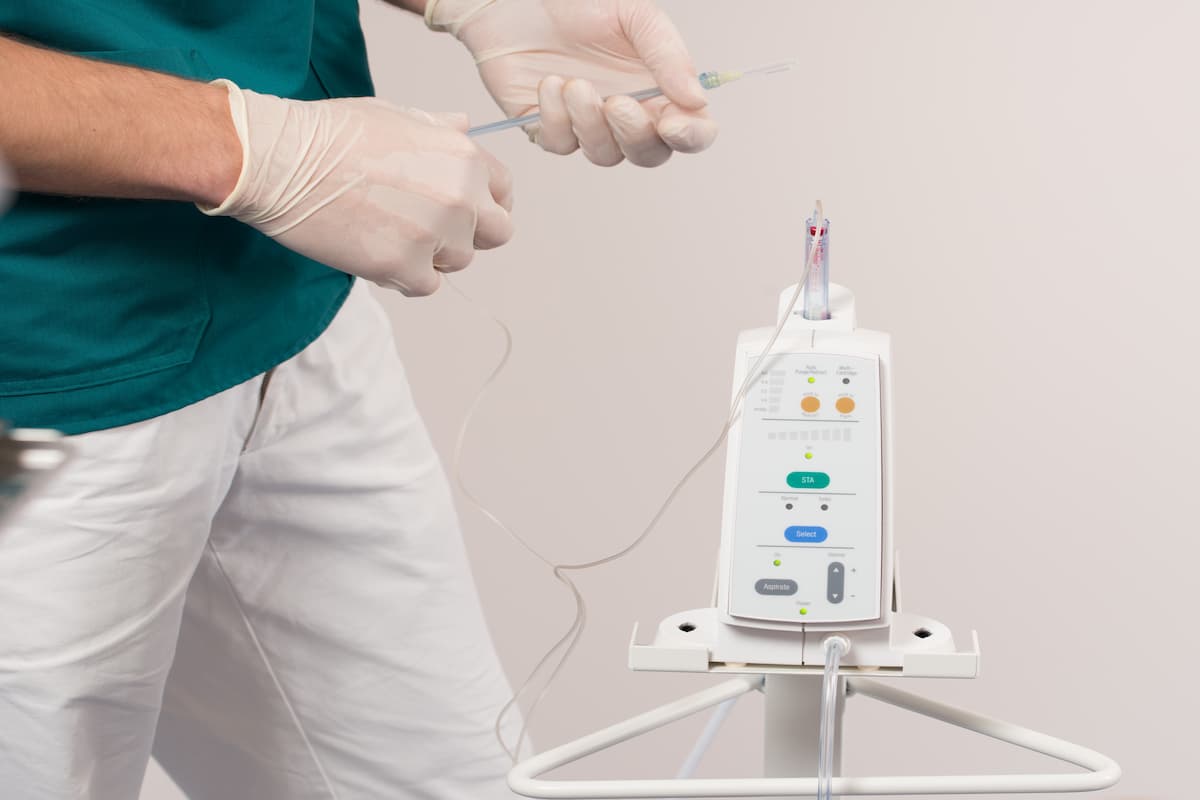 IV sedation equipment prepared by a clinician for dental treatment in a nursing home.