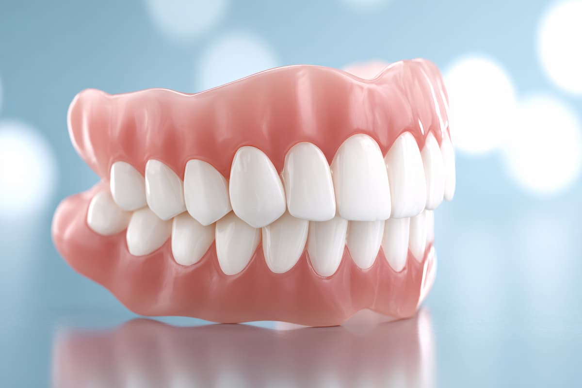 Close-up of a clean, new full denture set on a light blue background.