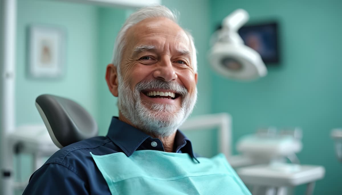 Smiling senior man sitting in a dental chair, happy and confident with his new dentures.