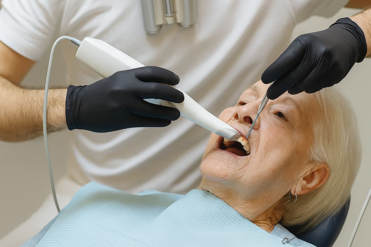 Dentist using an intra oral scanner on an elderly lady during a dental appointment.