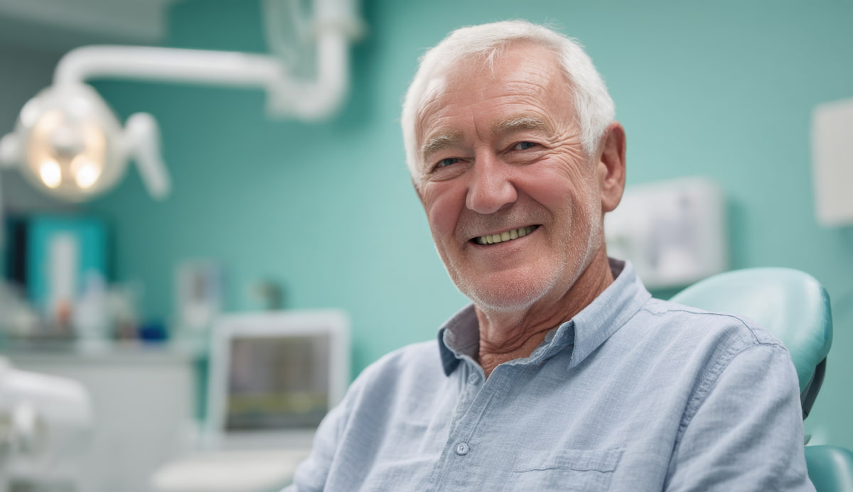 Smiling elderly man sitting in a dental chair after receiving successful dental treatment.