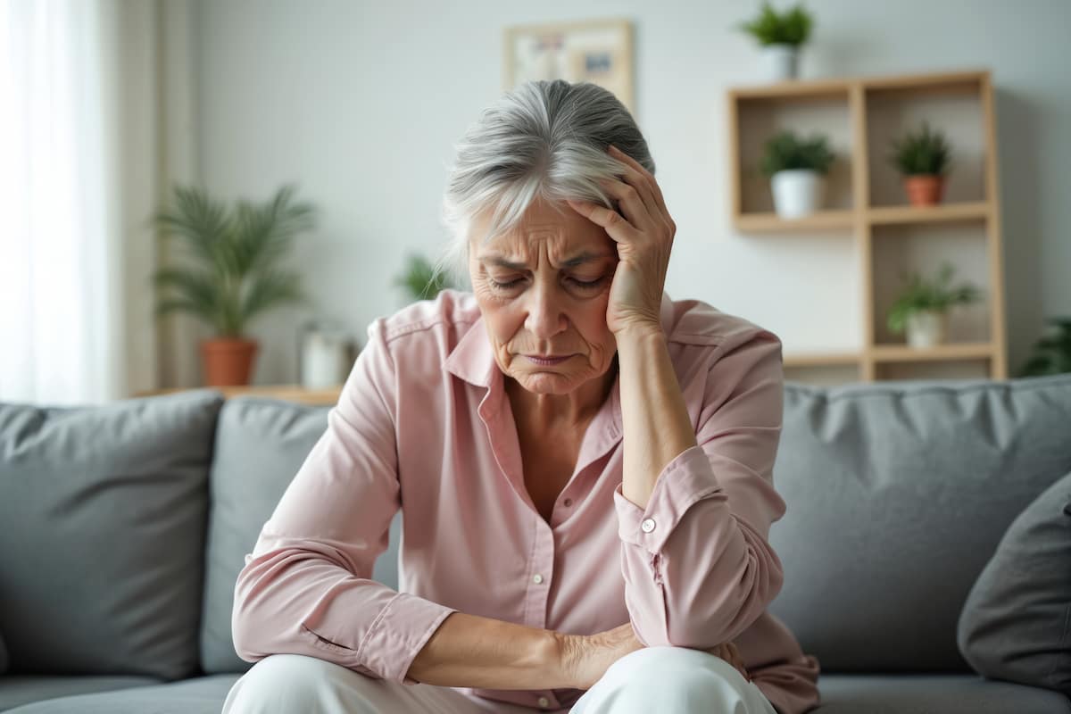 Elderly woman experiencing stress and discomfort linked to dental pain.